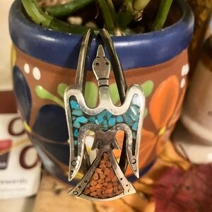 Silver and Turquoise coral stone thunderbird cuff bracelet Native American